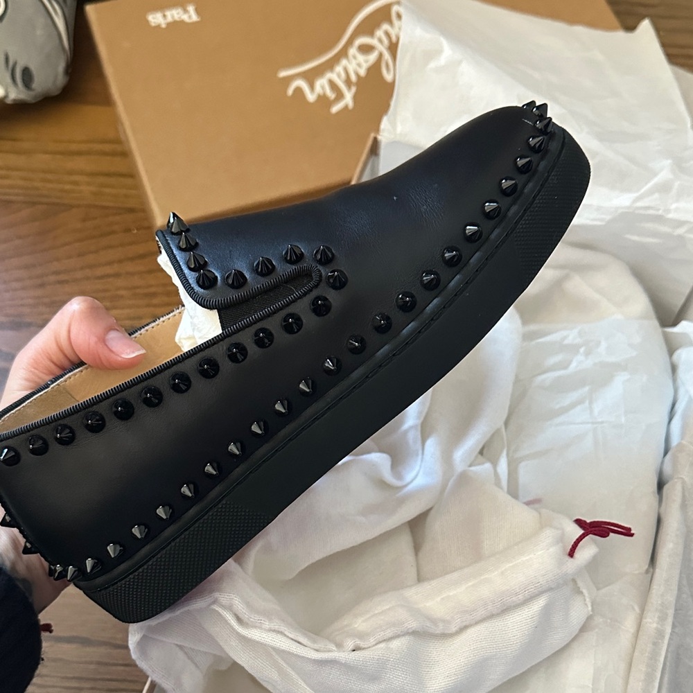 Christian Louboutin Black Studded Leather Slip-On Loafers